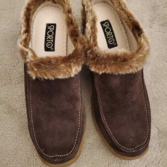 Sporto Margot mules, brown suede, faux fur trim, size 7 1/2M - Picture 2 of 4